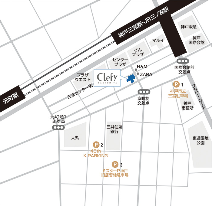 提携駐車場の位置を説明する地図。クレフィ三宮から東やや南寄りに神戸市立三宮駐車場、南やや西寄りに45th K-PARKINGがあります。45th K-PARKINGから交差点を挟んで南東にミスターP神戸旧居留地駐車場があります。