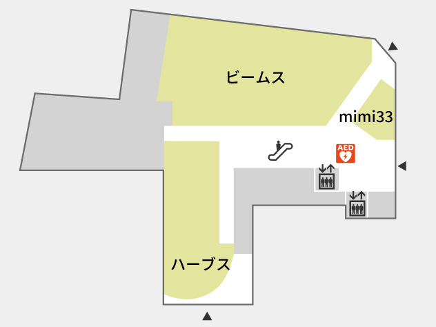 クレフィ三宮の1階のフロアマップ。階段、エレベーター、エスカレーター、AEDがあります。
