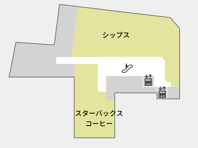 クレフィ三宮の2階のフロアマップ。階段、エレベーター、エスカレーターがあります。