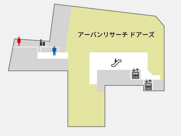 クレフィ三宮の3階のフロアマップ。男女トイレ、階段、エレベーター、エスカレーター、女性用化粧室があります。