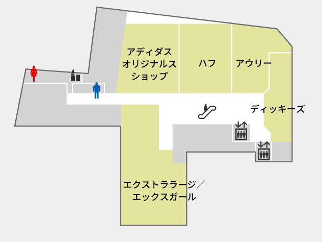 クレフィ三宮の4階のフロアマップ。男女トイレ、階段、エレベーター、エスカレーター、女性用化粧室があります。