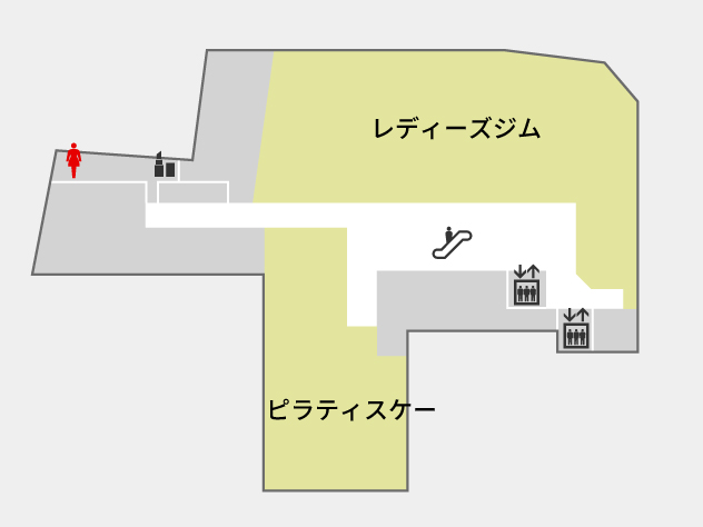 クレフィ三宮の7階のフロアマップ。女子トイレ、階段、エレベーター、エスカレーター、女性用化粧室があります。