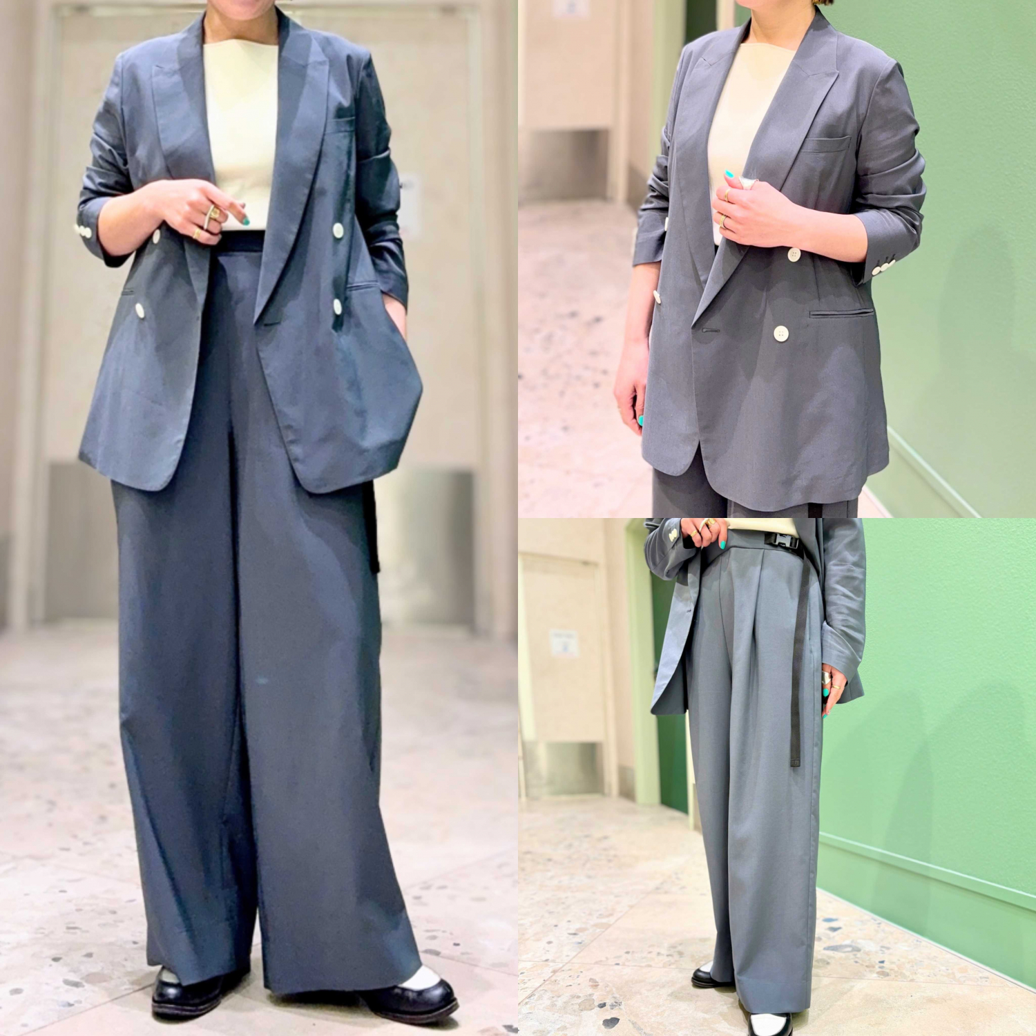 〈Demi-Luxe BEAMS〉AK+1/シアー4ボタンダブルジャケット&サイドベルトパンツ