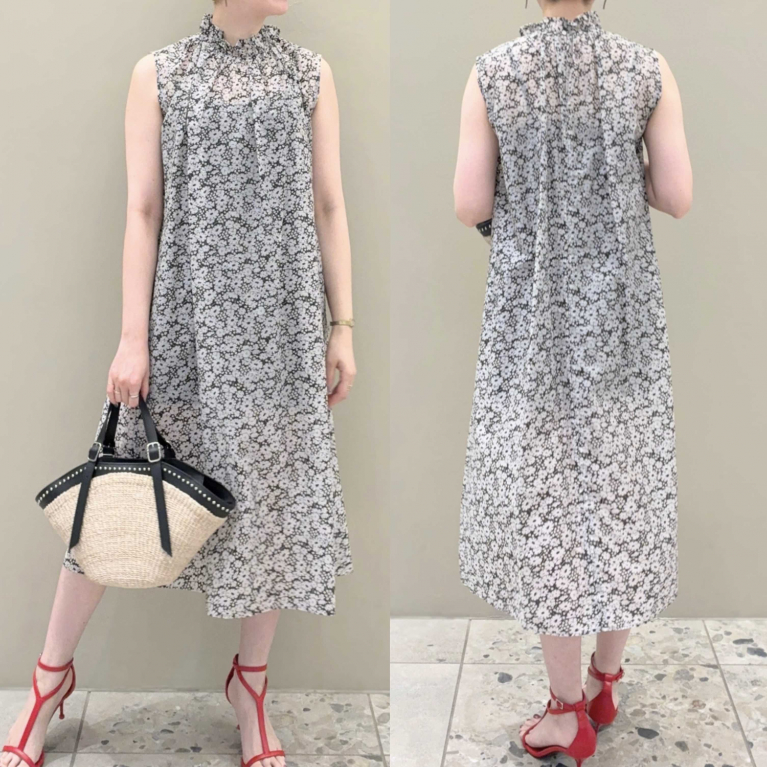 〈Demi-Luxe BEAMS〉フラワープリントフリルネックノースリーブワンピース